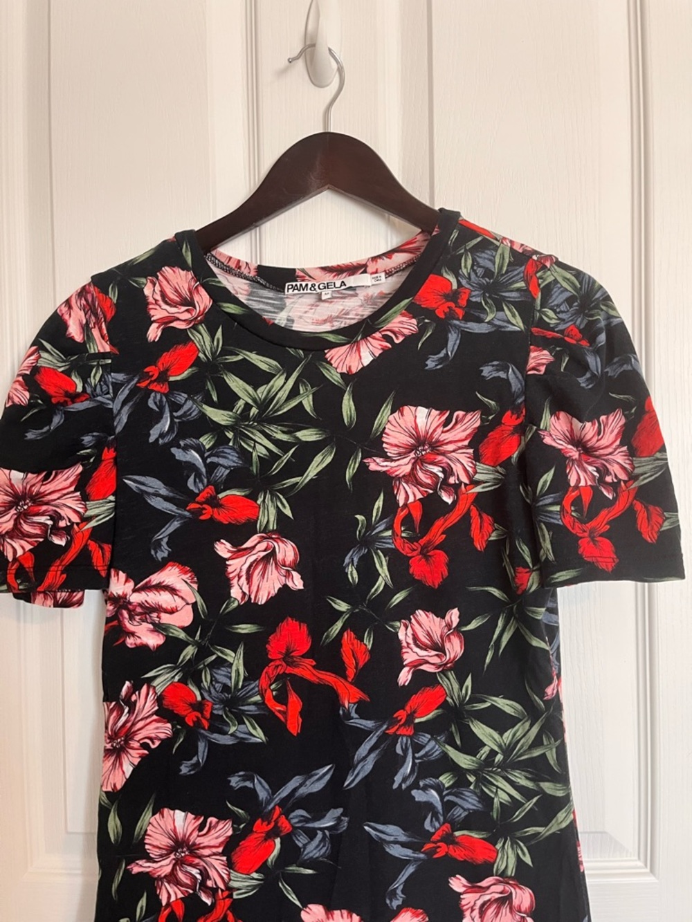 Pam & Gela 100% Cottom Bali Hai Puff Short Sleeve Floral Mini Dress Size M - Picture 5 of 11